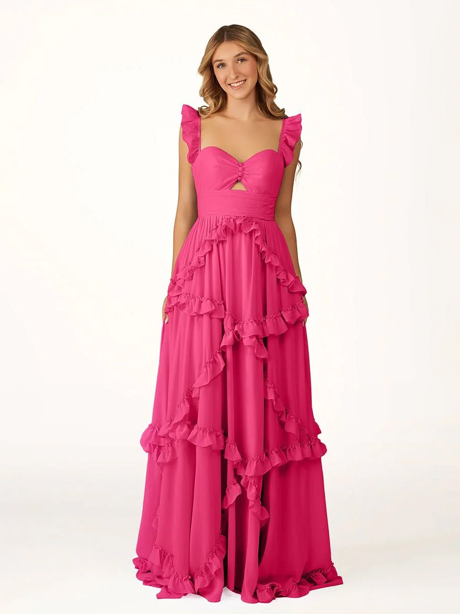 Hubery | A - Line Straps Sky Blue Chiffon Ruffles Long Prom Dress - KissProm