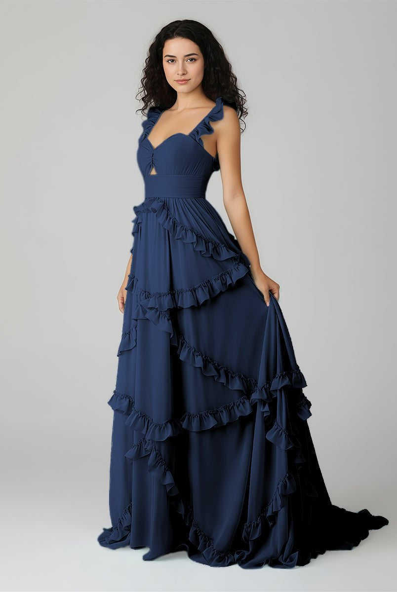 Hubery | A - Line Straps Sky Blue Chiffon Ruffles Long Prom Dress - KissProm