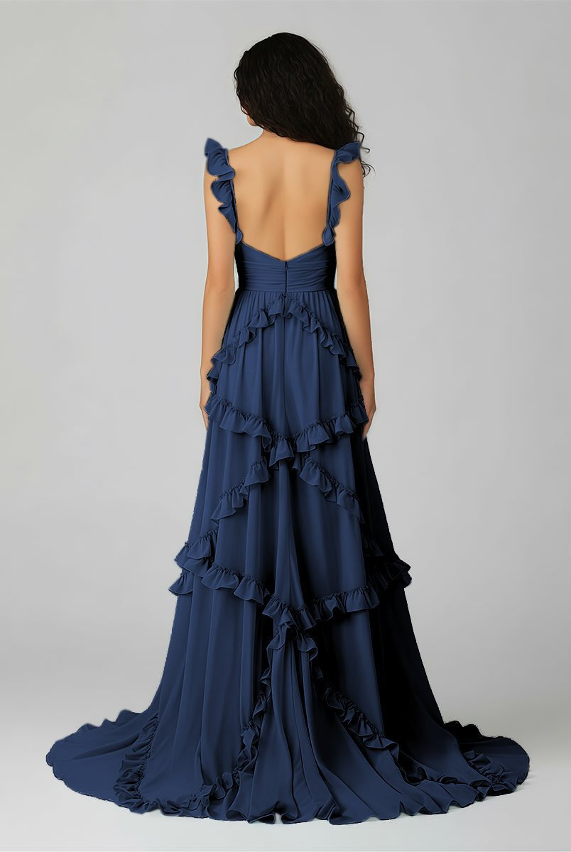 Hubery | A - Line Straps Sky Blue Chiffon Ruffles Long Prom Dress - KissProm