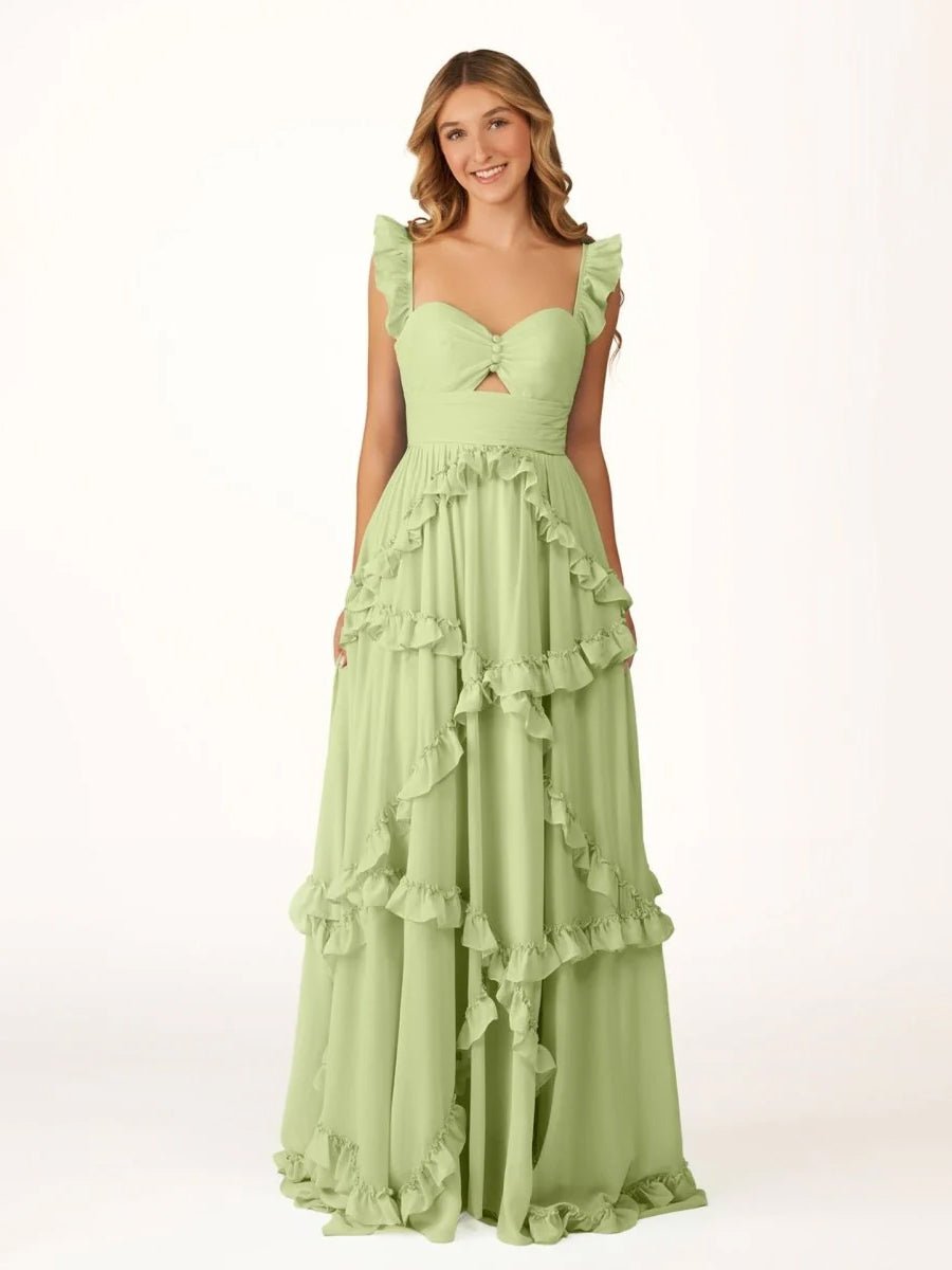 Hubery | A - Line Straps Sky Blue Chiffon Ruffles Long Prom Dress - KissProm