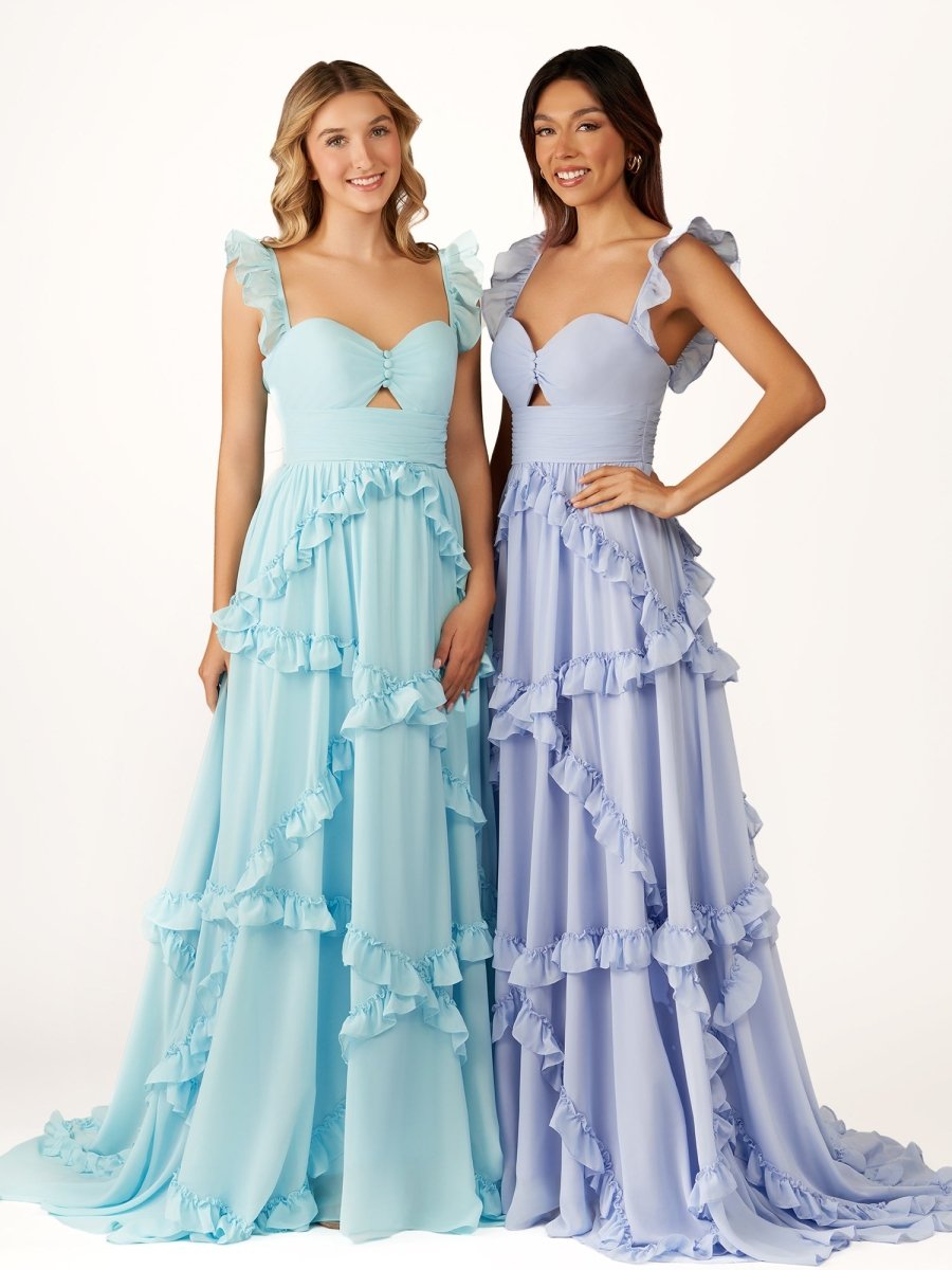 KissProm-Hubery A-Line Straps Blue Chiffon Ruffles Long Prom Dress