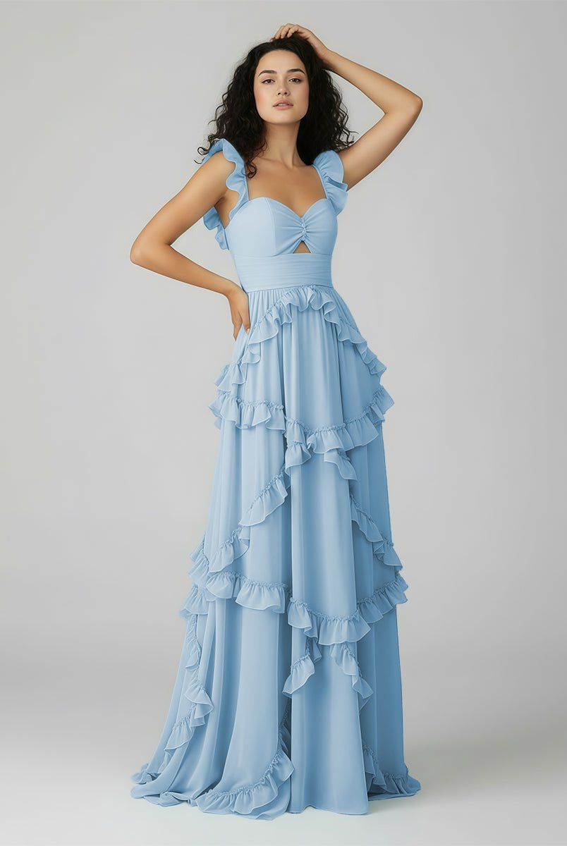 Hubery | A - Line Straps Sky Blue Chiffon Ruffles Long Prom Dress - KissProm