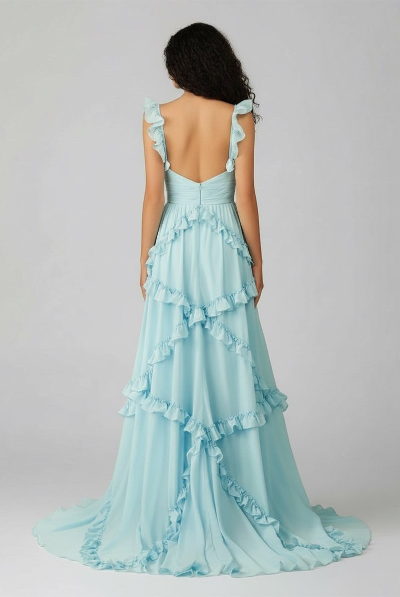 KissProm-Hubery A-Line Straps Blue Chiffon Ruffles Long Prom Dress