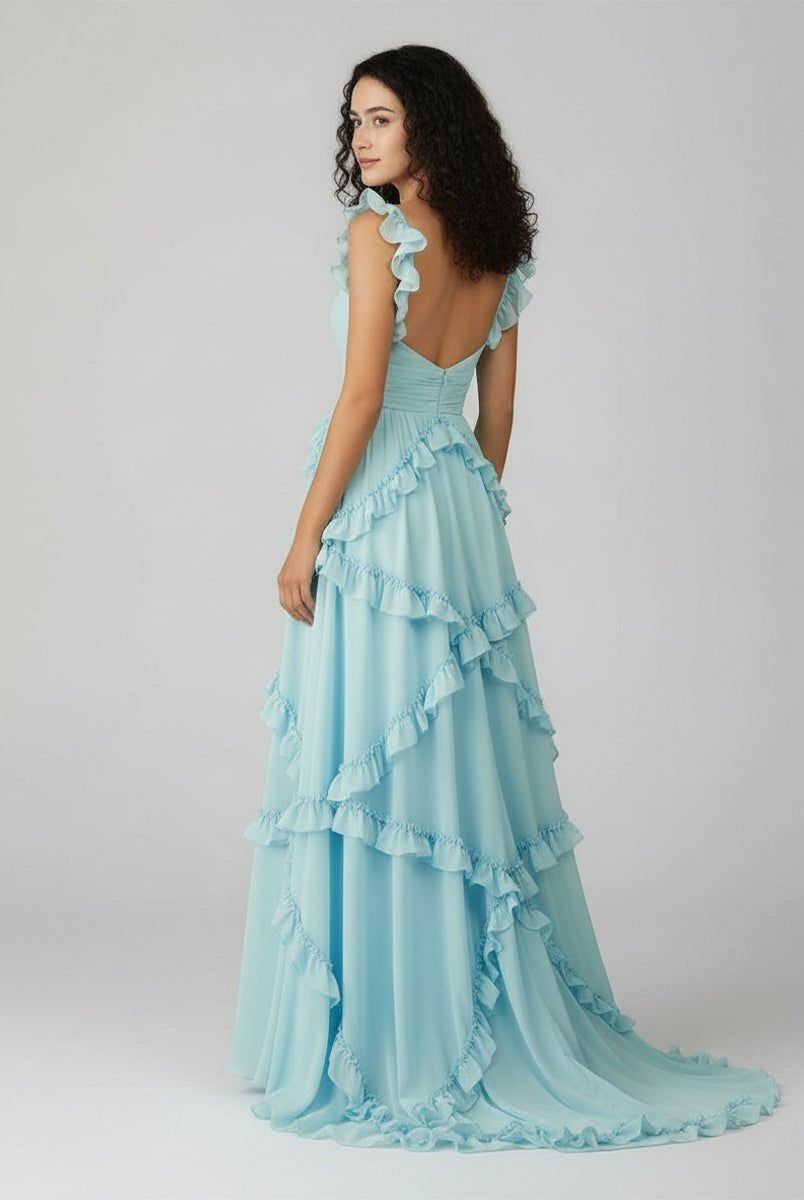 KissProm-Hubery A-Line Straps Blue Chiffon Ruffles Long Prom Dress