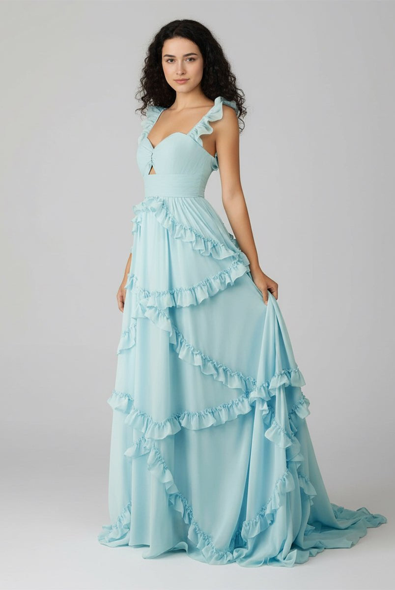 KissProm-Hubery A-Line Straps Blue Chiffon Ruffles Long Prom Dress