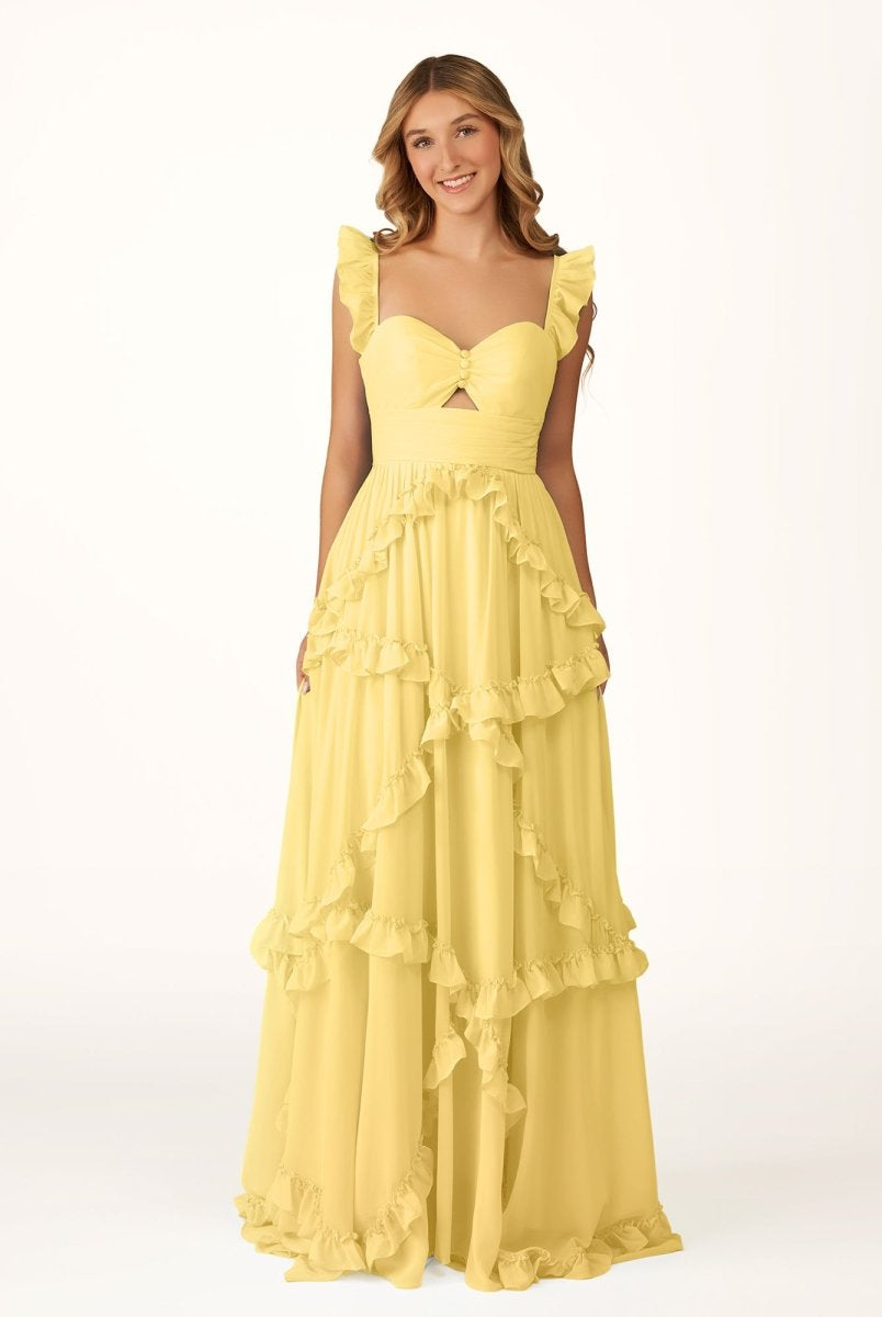 KissProm-Hubery A-Line Straps Yellow Chiffon Ruffles Long Prom Dress