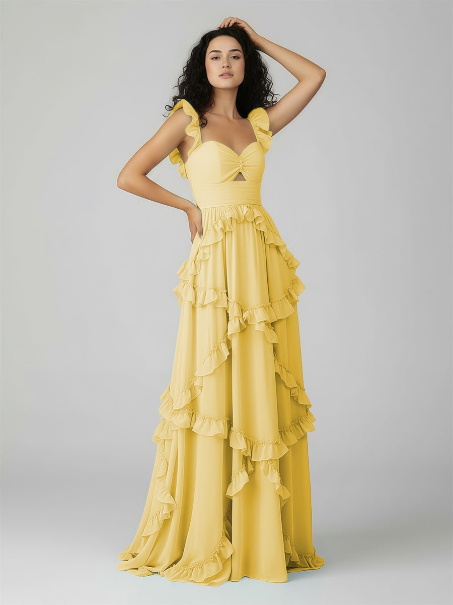 Hubery | A - Line Straps Sky Blue Chiffon Ruffles Long Prom Dress - KissProm