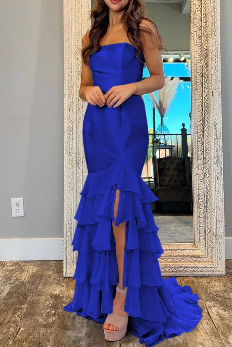 Ida | Sky Blue Mermaid Strapless Prom Dresses With Split