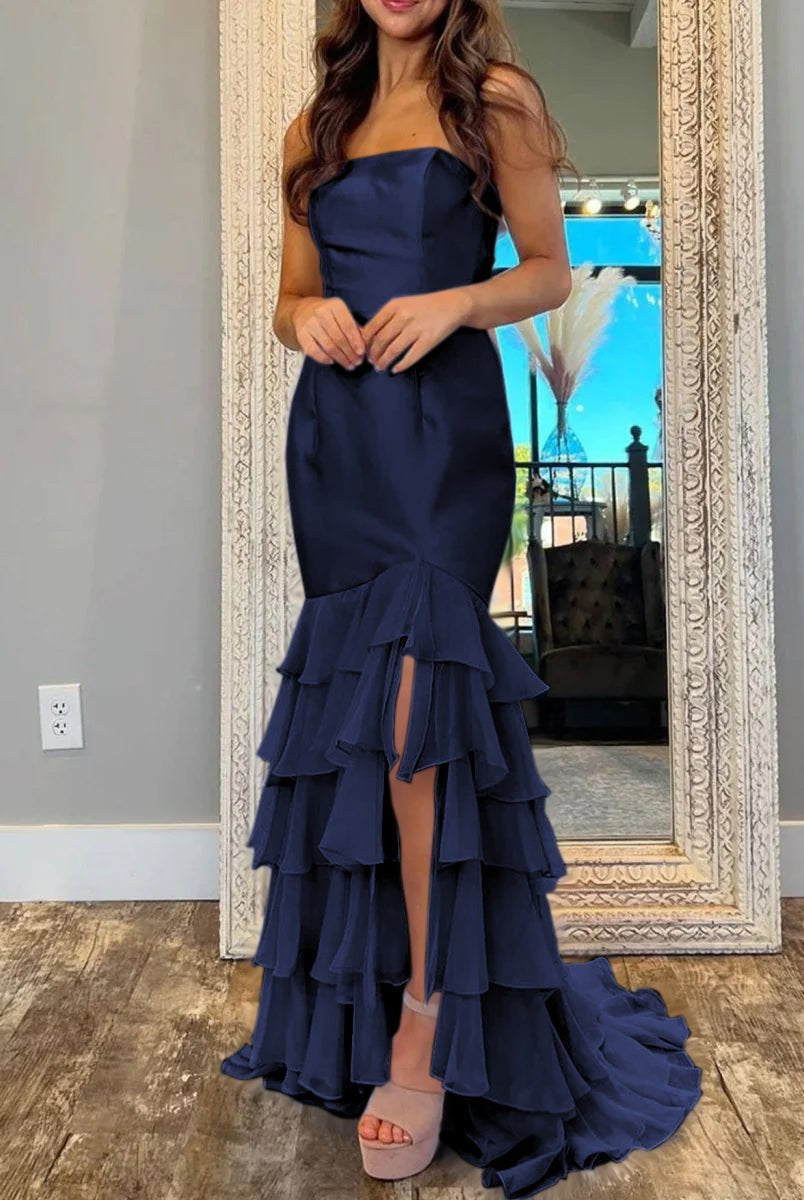 Ida | Sky Blue Mermaid Strapless Prom Dresses With Split