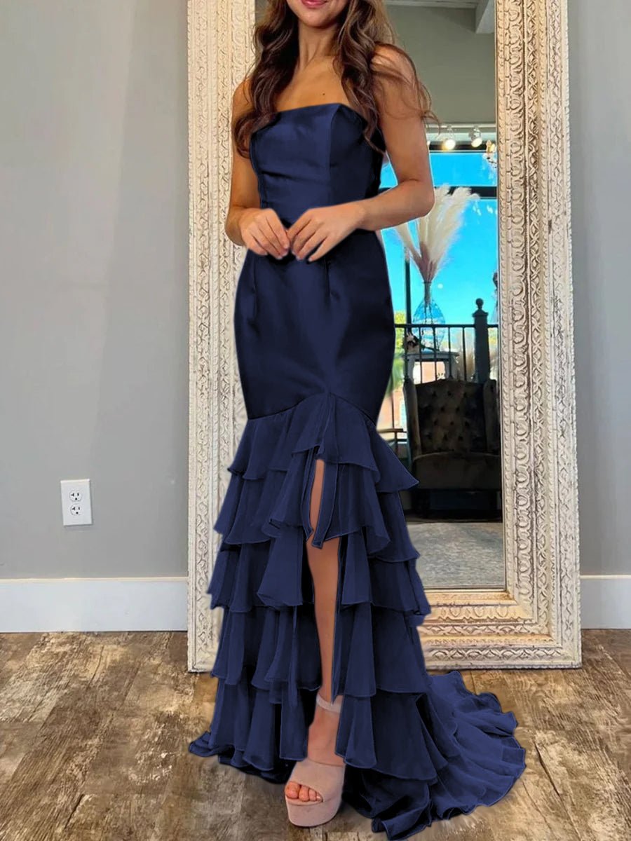Ida | Sky Blue Mermaid Strapless Prom Dresses With Split