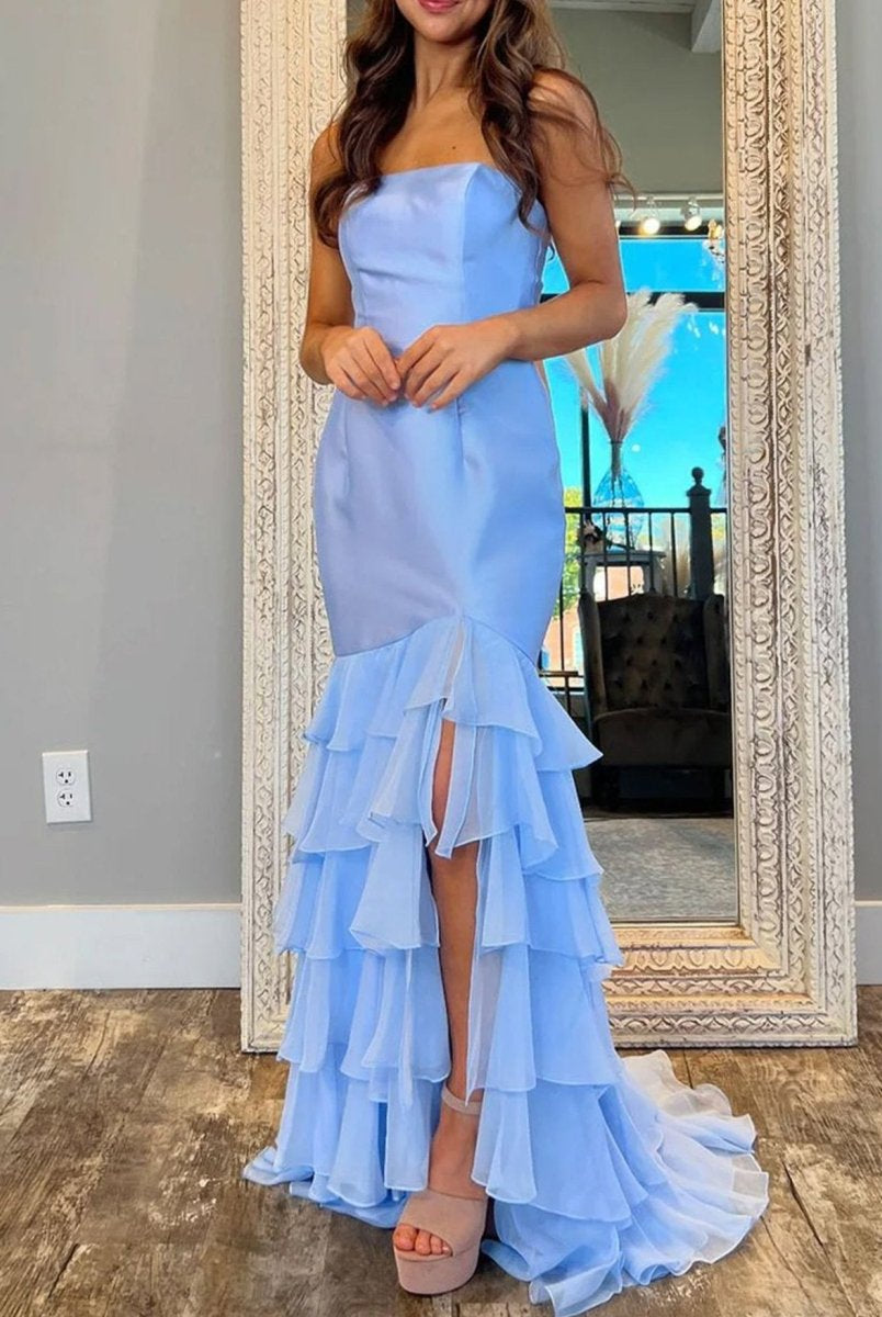 Ida | Sky Blue Mermaid Strapless Prom Dresses With Split
