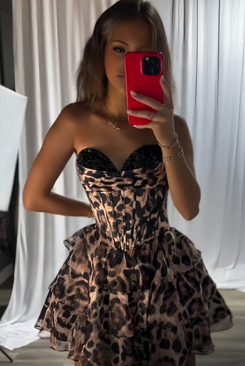 Idalia | Leopard - Strapless Leopard Print Chiffon A Line Homecoming Dress With Beading