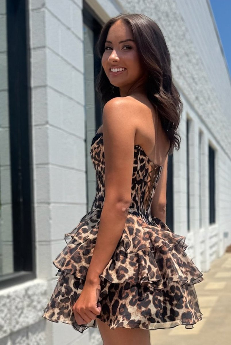 Idalia | Leopard - Strapless Leopard Print Chiffon A Line Homecoming Dress With Beading
