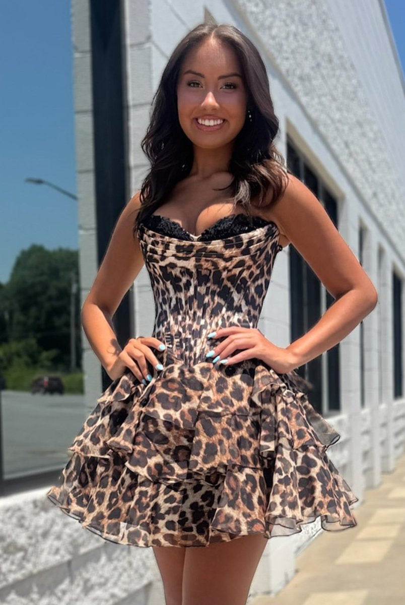 Idalia | Leopard - Strapless Leopard Print Chiffon A Line Homecoming Dress With Beading