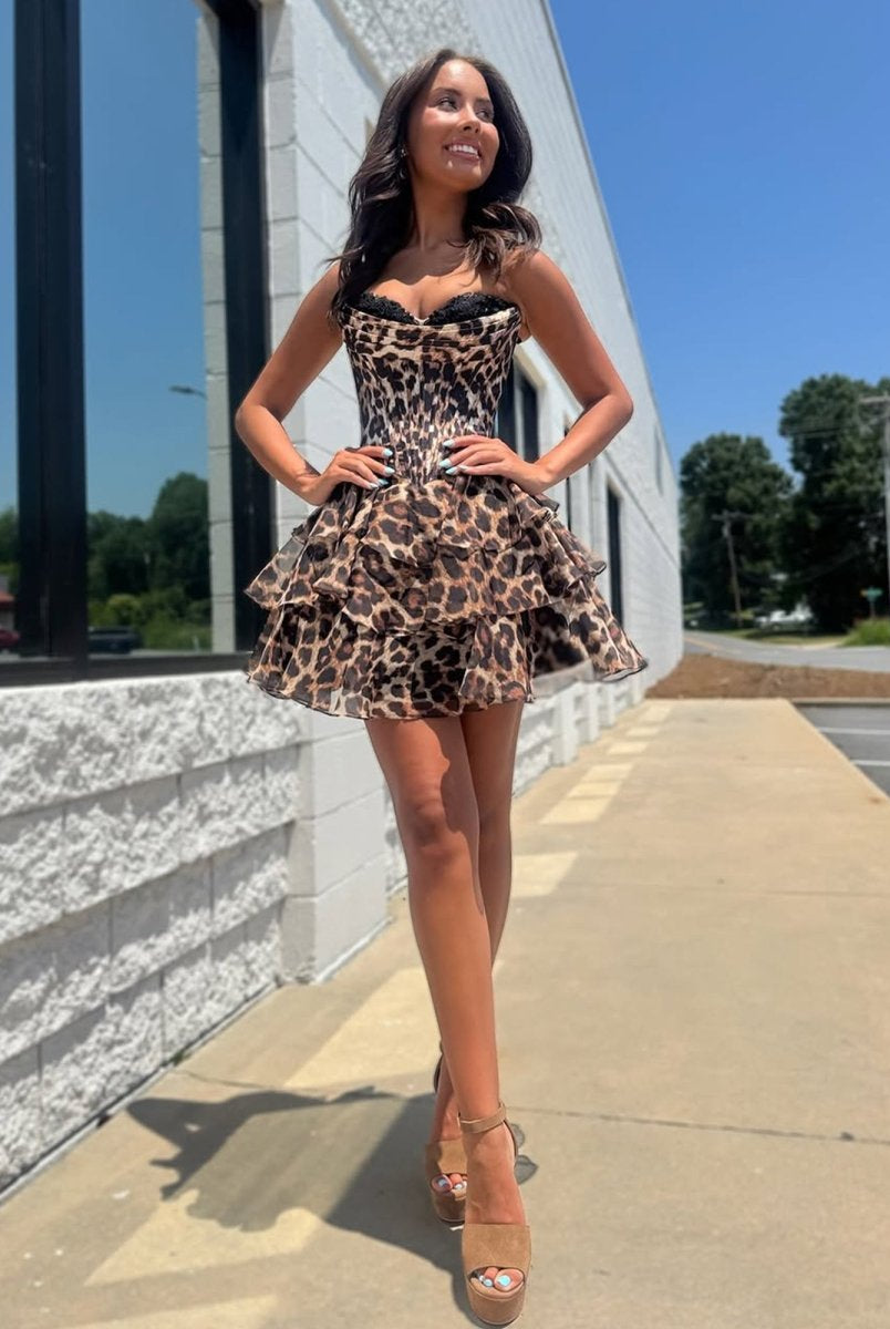 Idalia | Leopard - Strapless Leopard Print Chiffon A Line Homecoming Dress With Beading