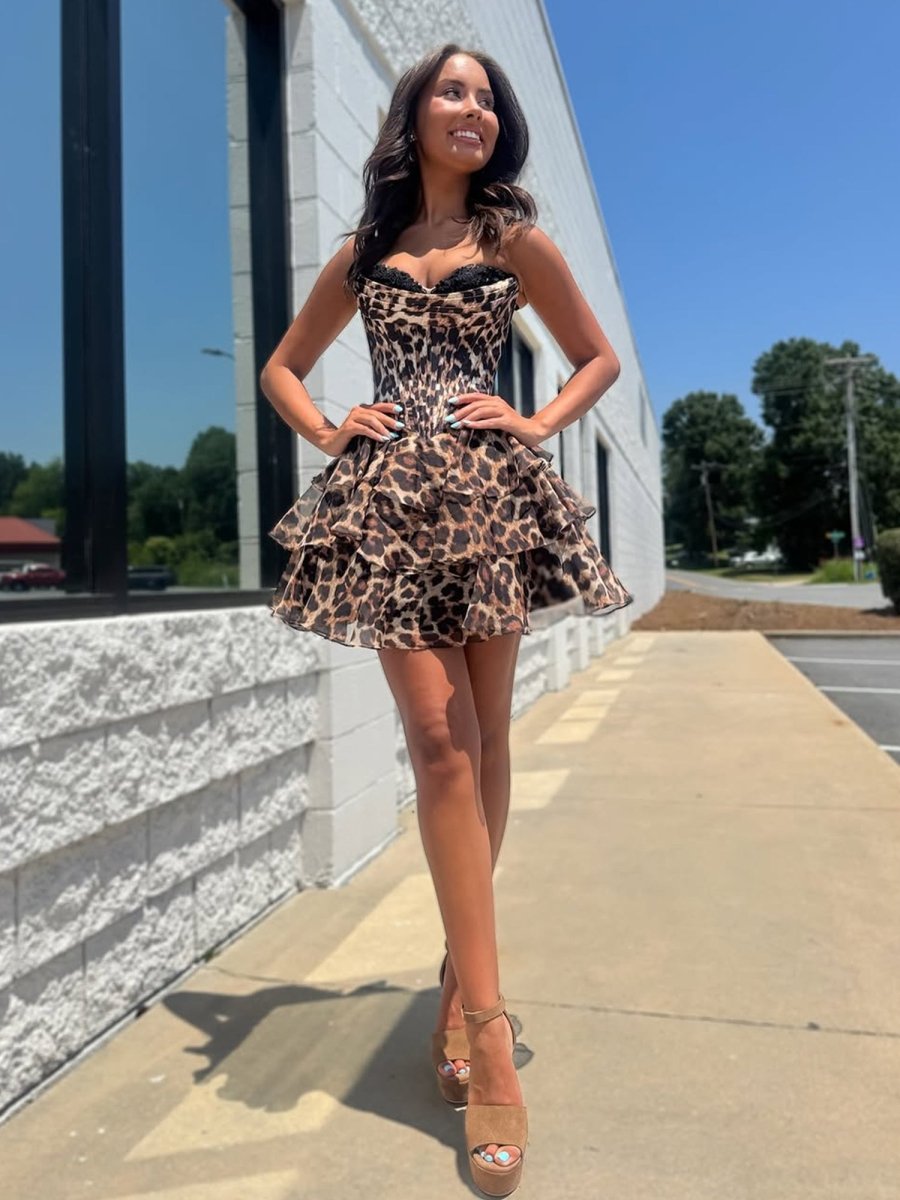 Idalia | Leopard - Strapless Leopard Print Chiffon A Line Homecoming Dress With Beading