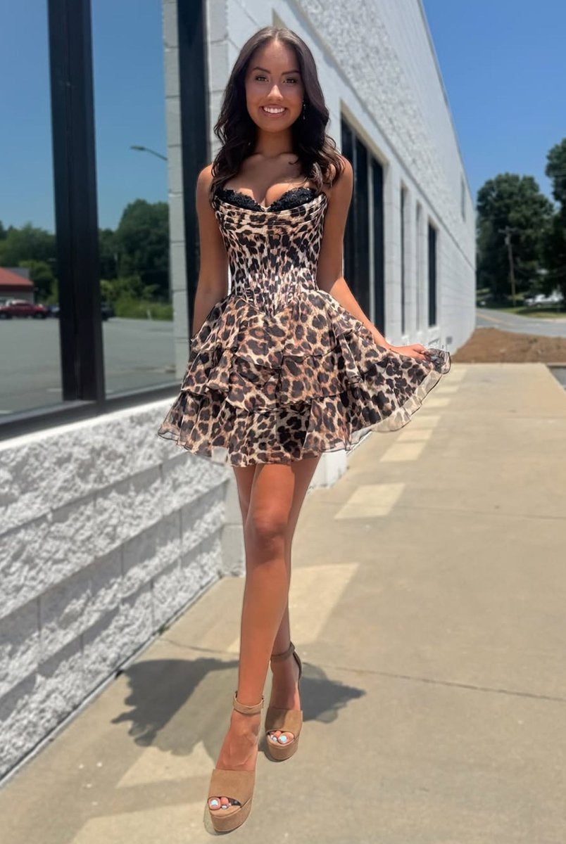 Idalia | Leopard - Strapless Leopard Print Chiffon A Line Homecoming Dress With Beading