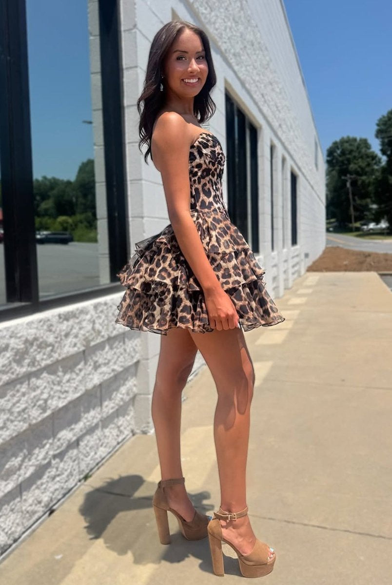 Idalia | Leopard - Strapless Leopard Print Chiffon A Line Homecoming Dress With Beading