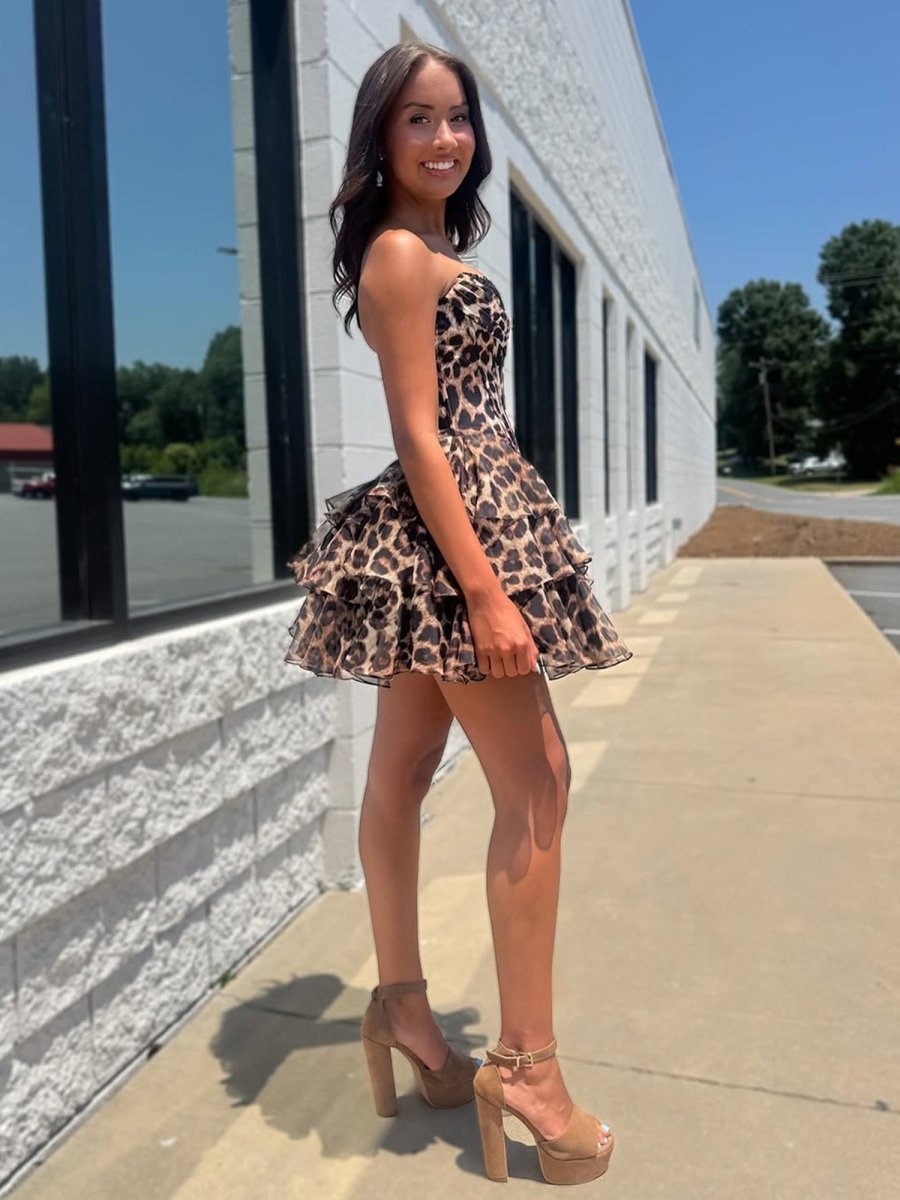 Idalia | Leopard - Strapless Leopard Print Chiffon A Line Homecoming Dress With Beading