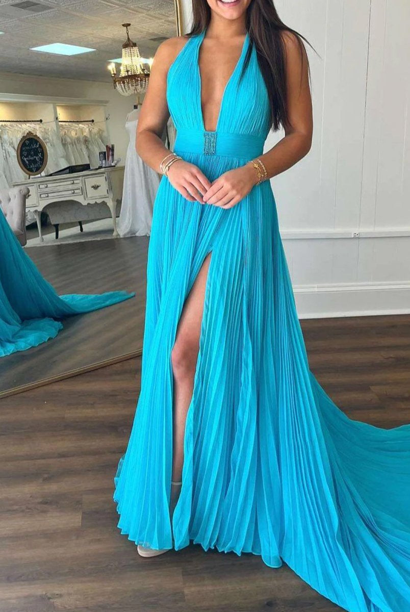 Idelisa | A-Line Halter Backless Pleated Blue Chiffon Long Prom Dresses