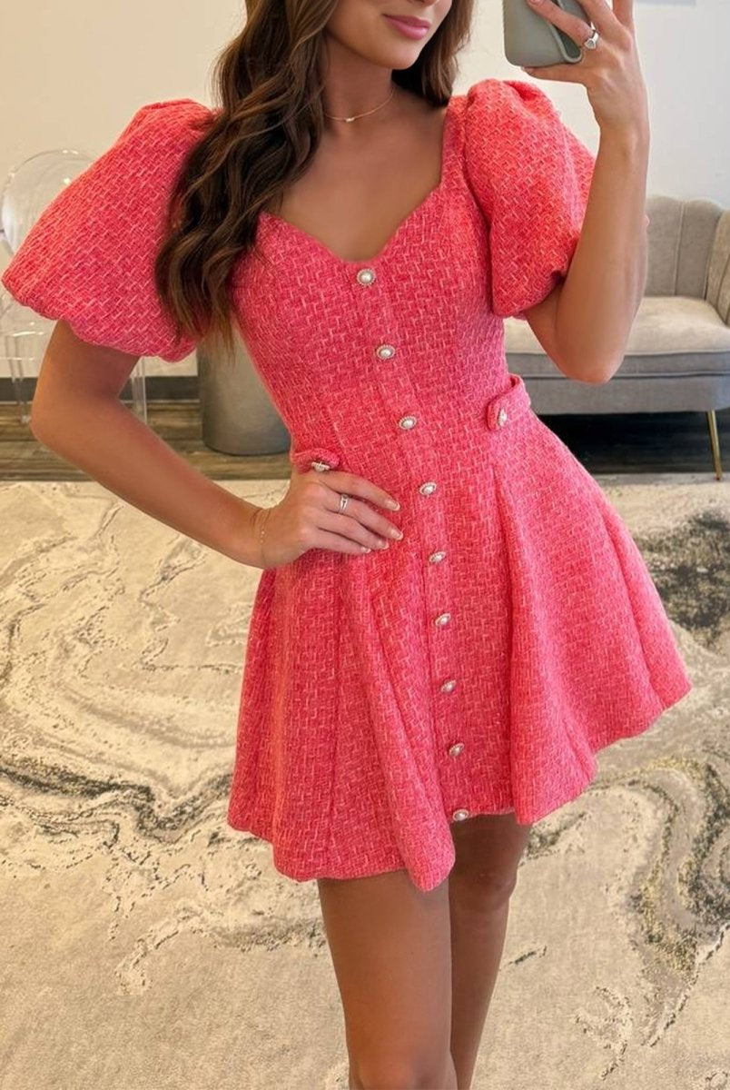 Idony | Coral - A Line V Neck Textured Tweed Homecoming Dresses with Puffed Sleeves