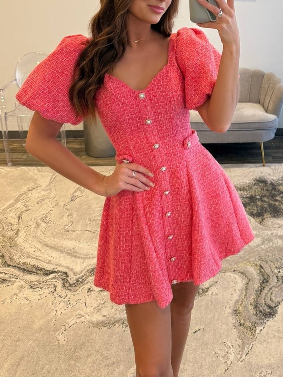 Coral - A Line V Neck Textured Tweed Homecoming Dresses with Puffed Sleeves, Coral Pink / 16 Coral - A Line V Neck Textured Tweed Homecoming Dresses with Puffed Sleeves, Coral Pink / 16
