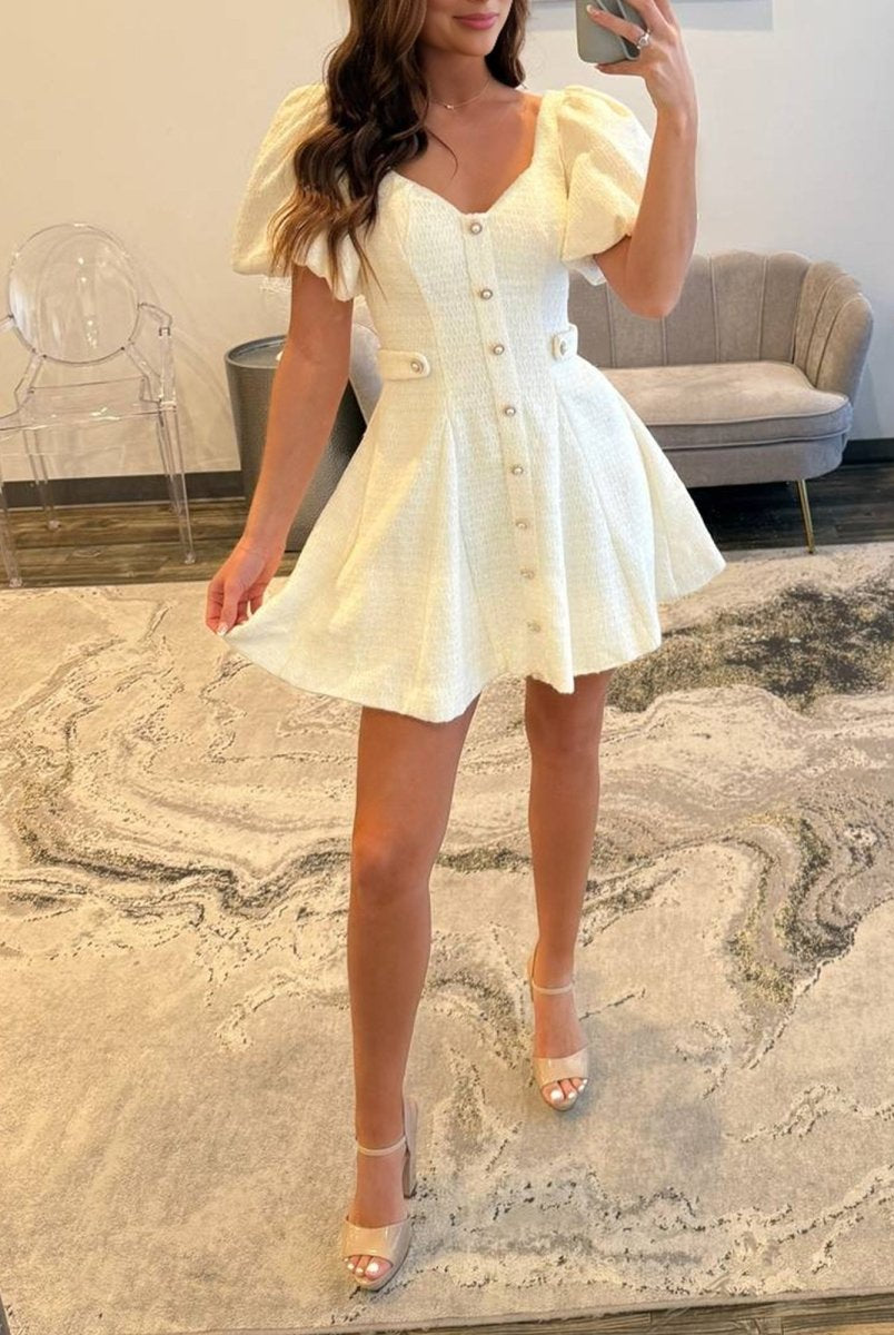 Idony | White - A Line V Neck Textured Tweed Homecoming Dresses with Puffed Sleeves