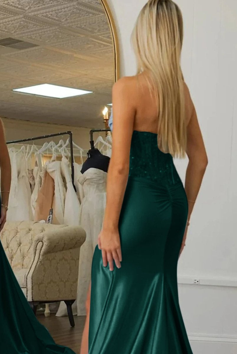 Idra | Emerald Green Beaded Strapless Applique Formal Dress with Slit