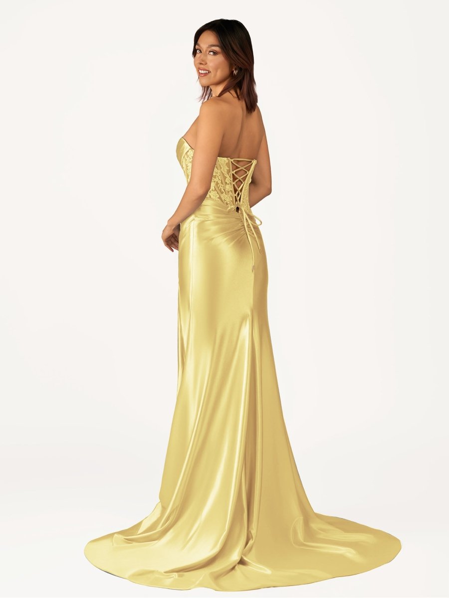 Idra | Emerald Green Beaded Strapless Applique Formal Dress with Slit