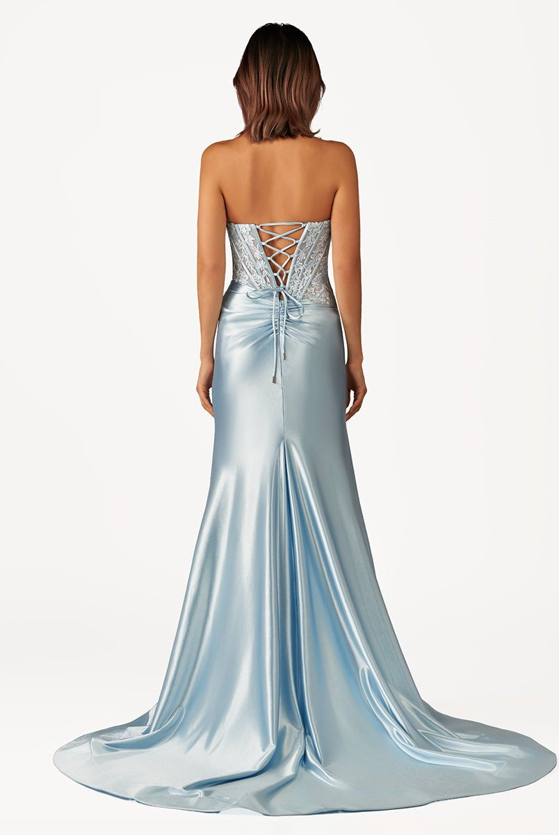 Idra | Emerald Green Beaded Strapless Applique Formal Dress with Slit