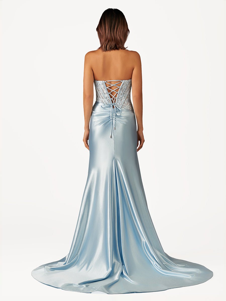 Idra | Emerald Green Beaded Strapless Applique Formal Dress with Slit