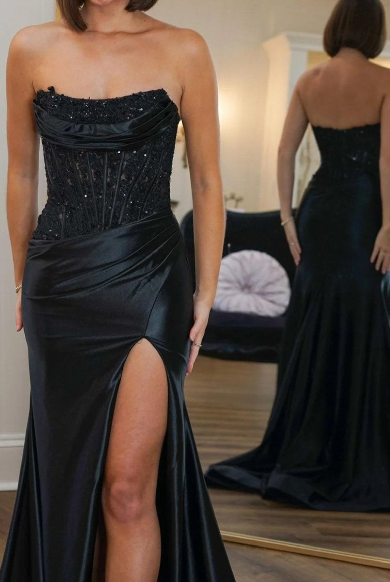 Idra | Emerald Green Beaded Strapless Applique Formal Dress with Slit