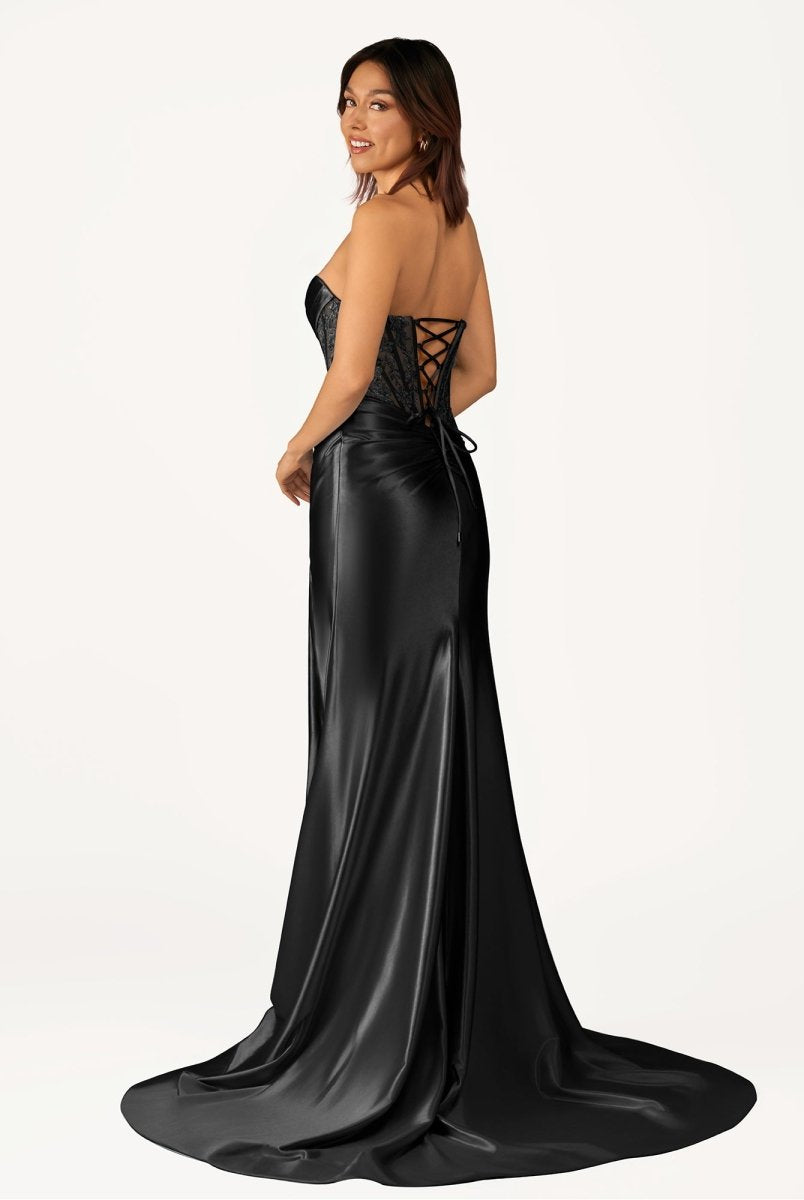 Idra | Emerald Green Beaded Strapless Applique Formal Dress with Slit