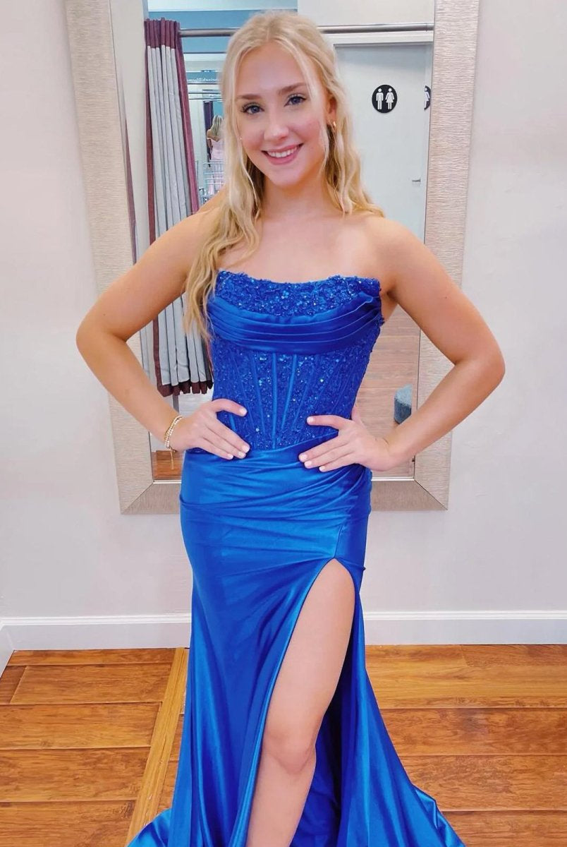 Idra | Emerald Green Beaded Strapless Applique Formal Dress with Slit