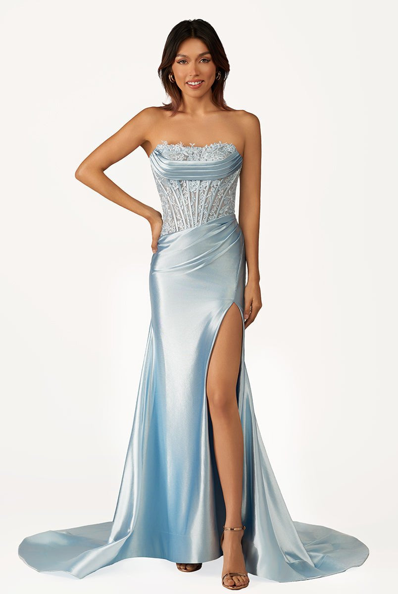 Idra | Emerald Green Beaded Strapless Applique Formal Dress with Slit