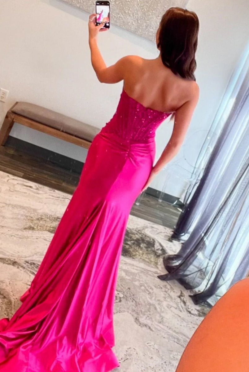 Idra | Emerald Green Beaded Strapless Applique Formal Dress with Slit