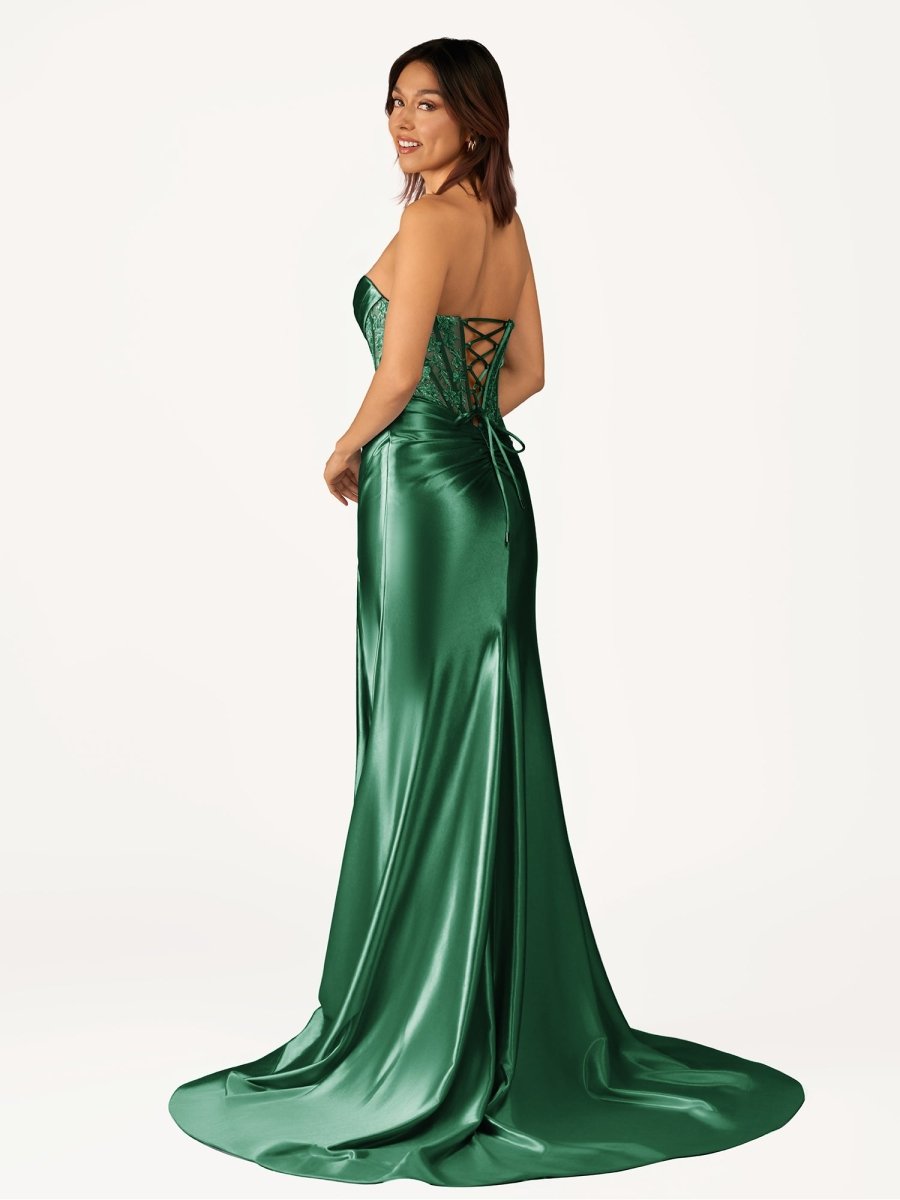 Idra | Emerald Green Beaded Strapless Applique Formal Dress with Slit