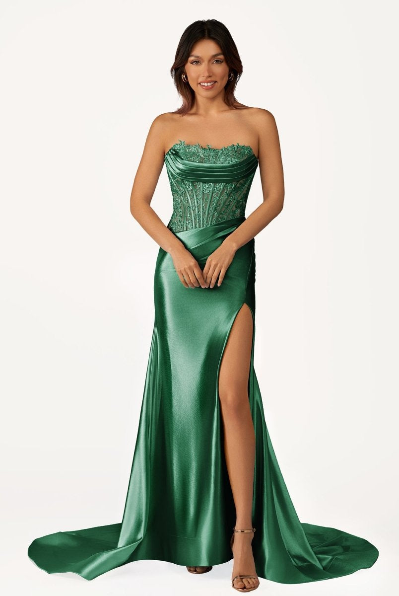 Idra | Emerald Green Beaded Strapless Applique Formal Dress with Slit