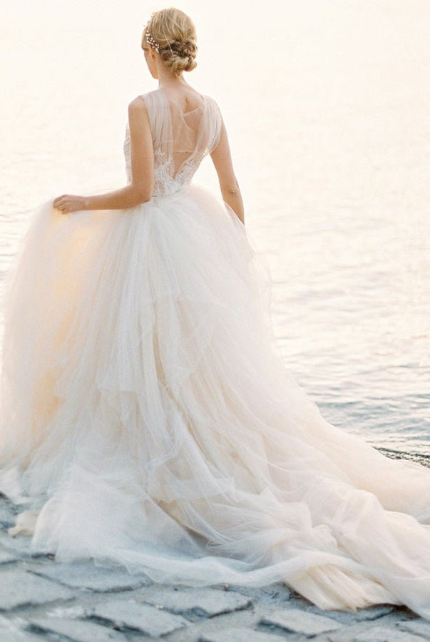 Illusion Lace V - Neck Appliqued Sleeveless V - Back Tulle Wedding Dress - KissProm