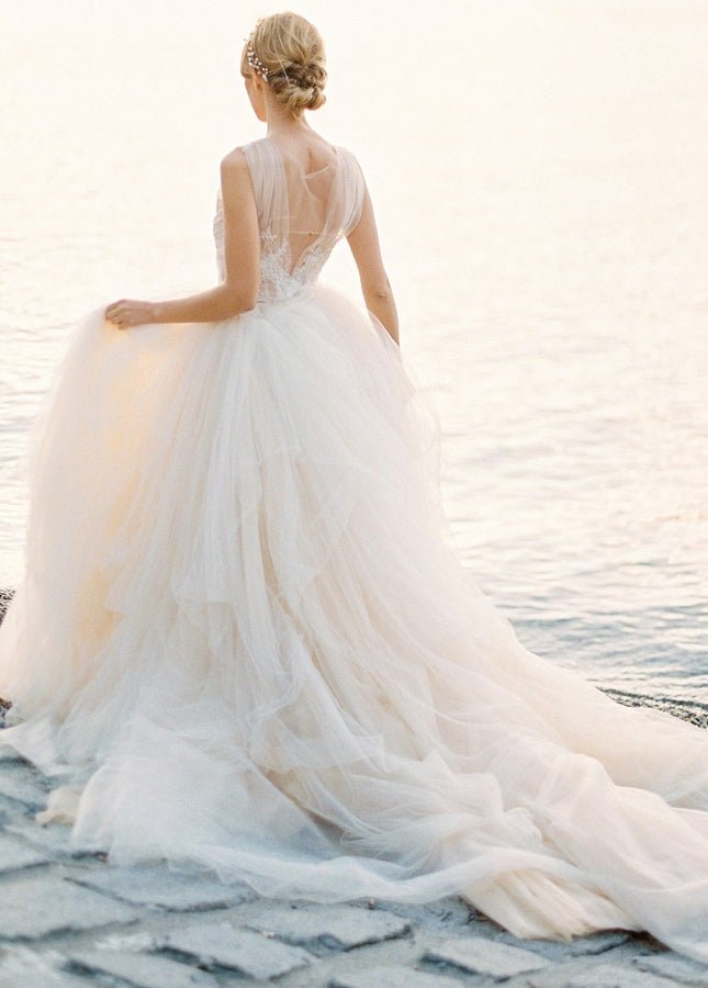 Illusion Lace V - Neck Appliqued Sleeveless V - Back Tulle Wedding Dress - KissProm