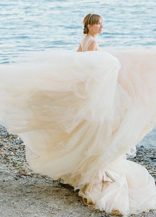 Illusion Lace V - Neck Appliqued Sleeveless V - Back Tulle Wedding Dress - KissProm