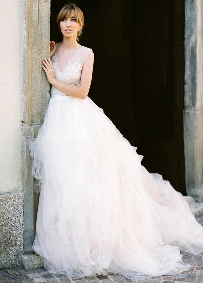 Illusion Lace V - Neck Appliqued Sleeveless V - Back Tulle Wedding Dress - KissProm