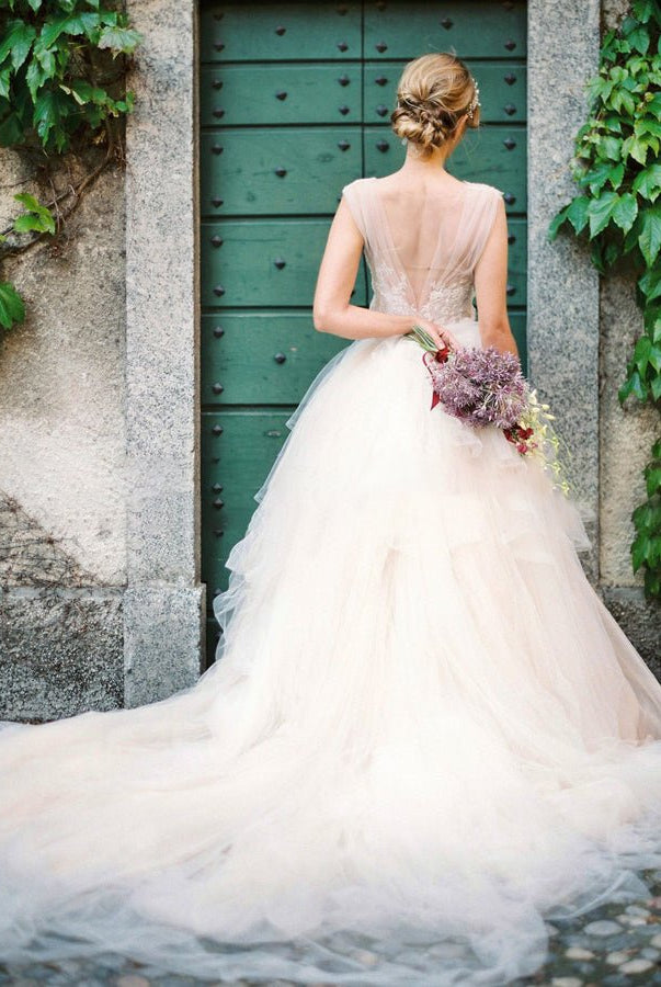 Illusion Lace V - Neck Appliqued Sleeveless V - Back Tulle Wedding Dress - KissProm