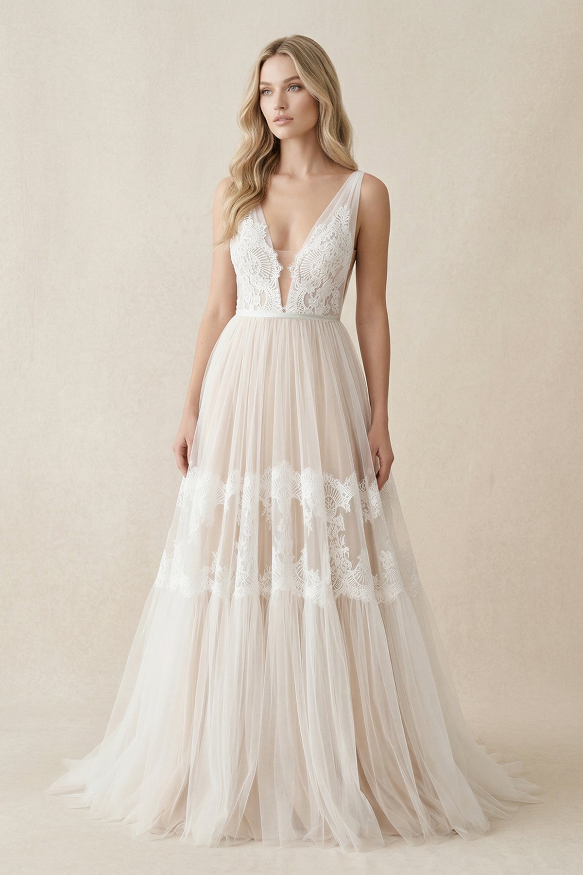 A-Line Lace Bohemian V-neck Wedding Dress With Low-V Back And Applique