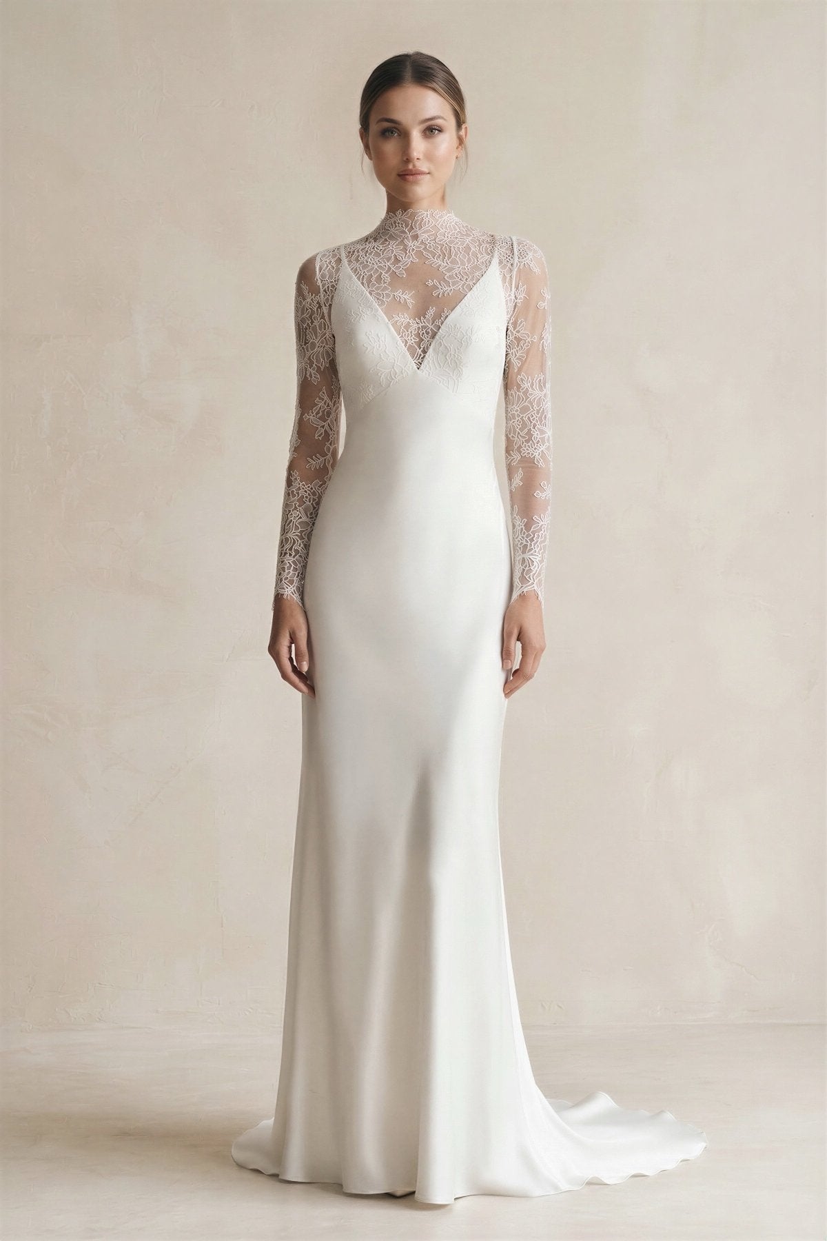 KissProm Illusion Neck Sheath Satin Appliqued Wedding Dress in White, White / 12
