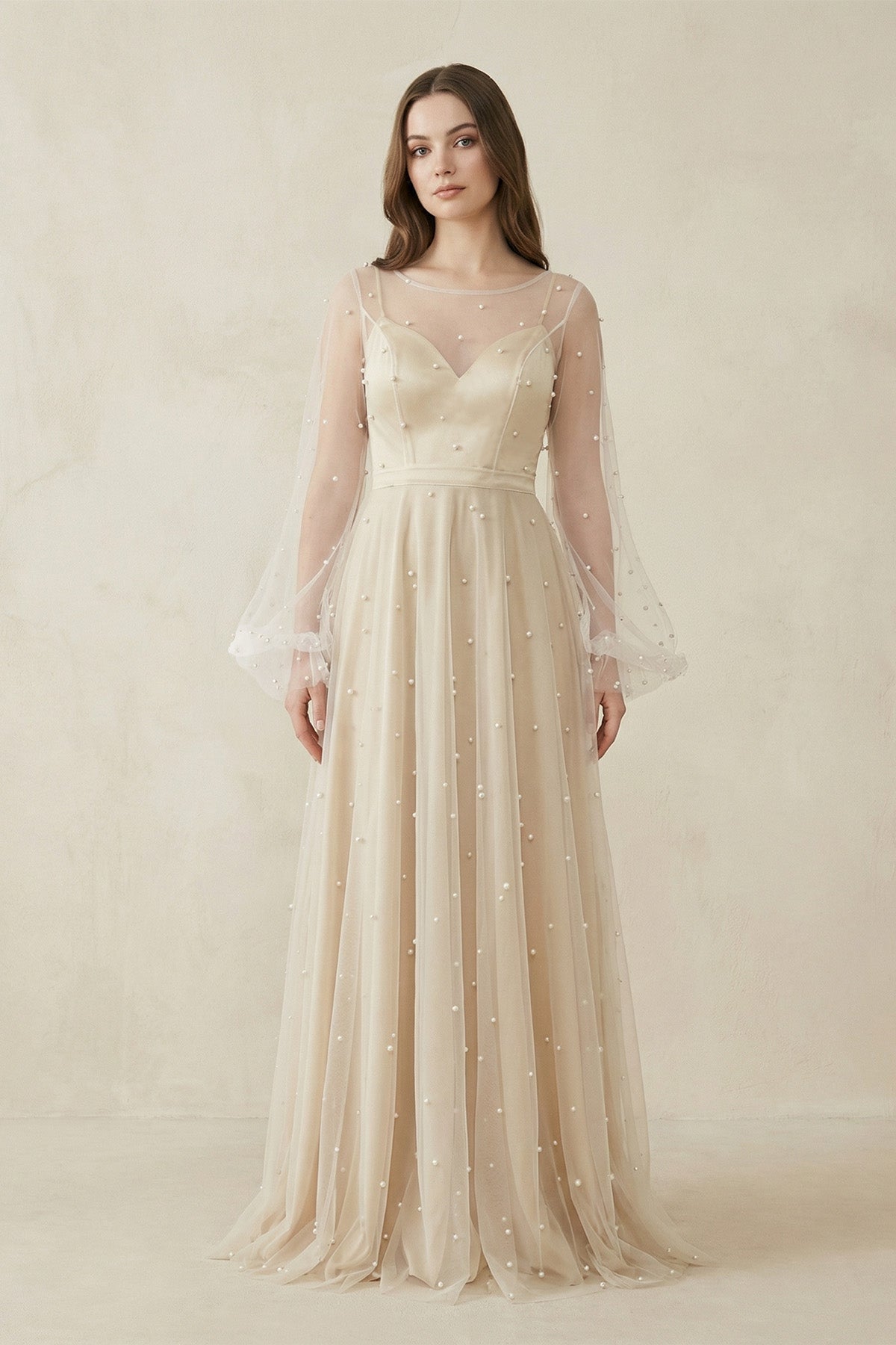 KissProm Illusion Neck Tulle A-Line Long Sleeve Wedding Dress With Pearl in White-Nude, White-Nude / 12