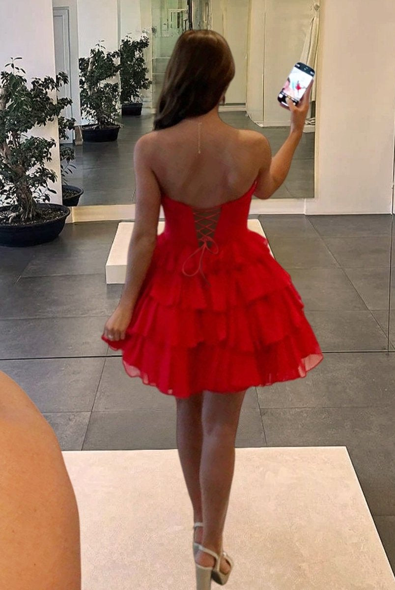 Ilsa | Red - Strapless A Line Chiffon Ruffled Cocktail Dresses With Bow