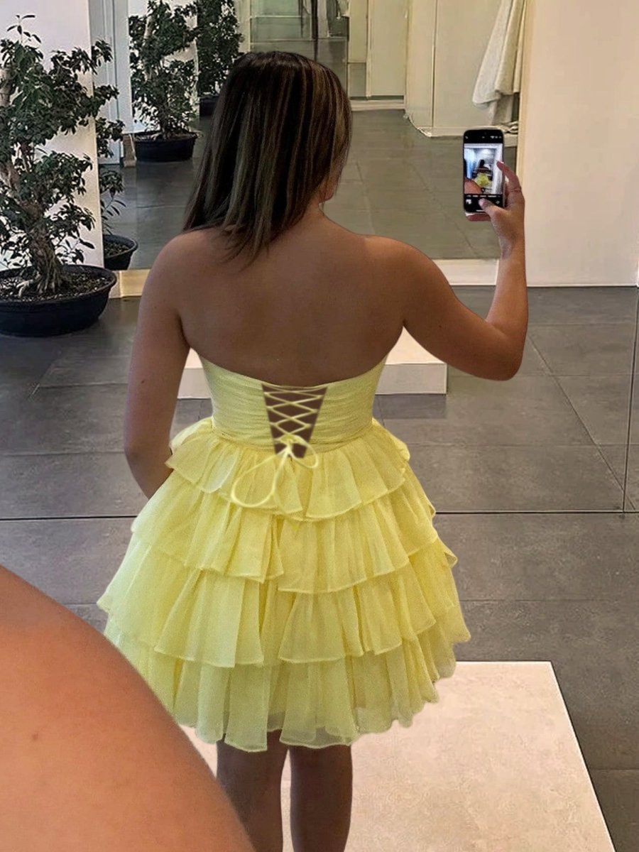 Ilsa | Red - Strapless A Line Chiffon Ruffled Cocktail Dresses With Bow - KissProm