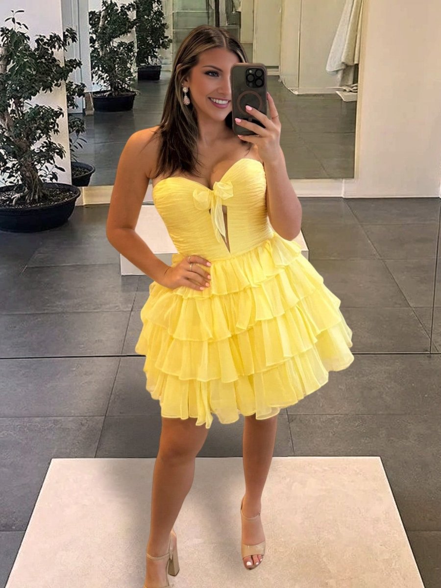 Ilsa | Red - Strapless A Line Chiffon Ruffled Cocktail Dresses With Bow - KissProm