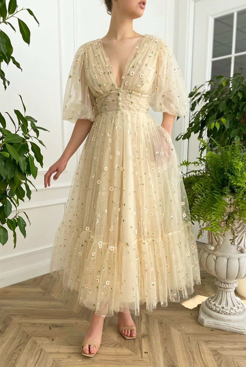 Elliott | A-line V Neck Sea of Daisies Dress Engagement Ankle Length Half Sleeve High Neck Tulle with Buttons Pleats